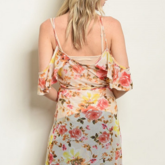 SALE ♡Floral Cold Shoulders Maxi Duster Dress cover up sheer boho fairy flowers - Picture 5 of 7